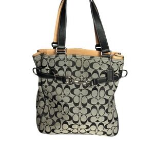 Vintage Coach Black‎ Signature Canvas and Leather Buckle Tote Shoulder Bag Black